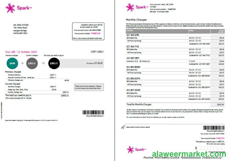 New Zealand Spark utility bill template in Word and PDF formats, 2 pages, version 2